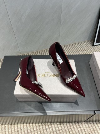 Jimmy Choo Belinda 85mm Heels Burgundy Patent Leather Crystal Studded Heels 540681