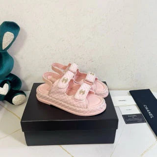 Chanel 2026 Velcro Sandals CC Logo Details Tweed Sheepskin 779368