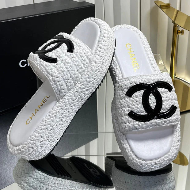 Chanel 2026 Crochet CC Platform Slide Sandals 40mm Raffia Leather 767882