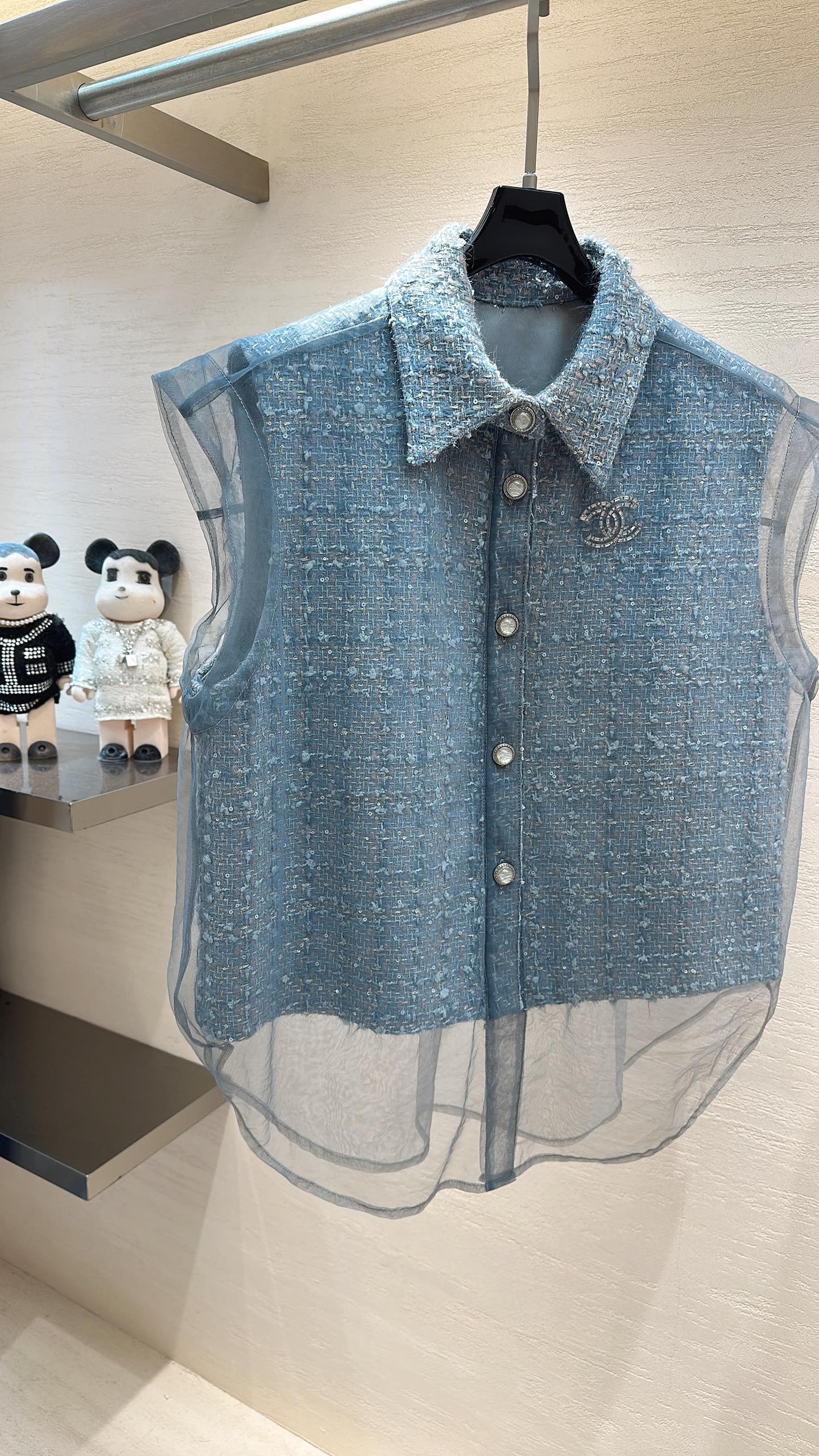 CC Collared Vest Jacket Dusty Blue Tweed Sheer 415624