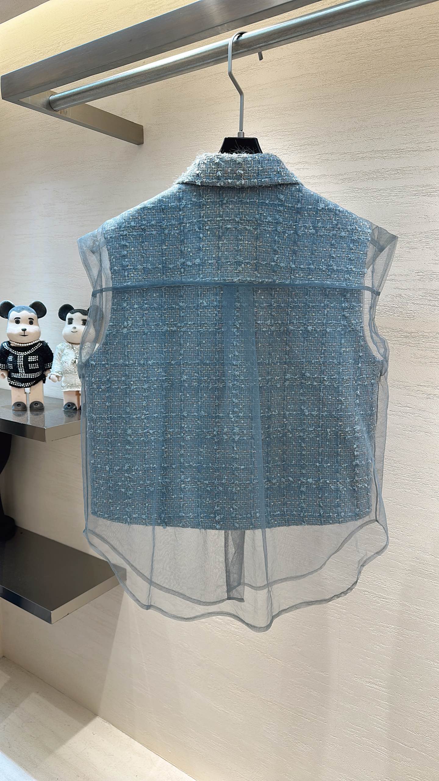 CC Collared Vest Jacket Dusty Blue Tweed Sheer 415624
