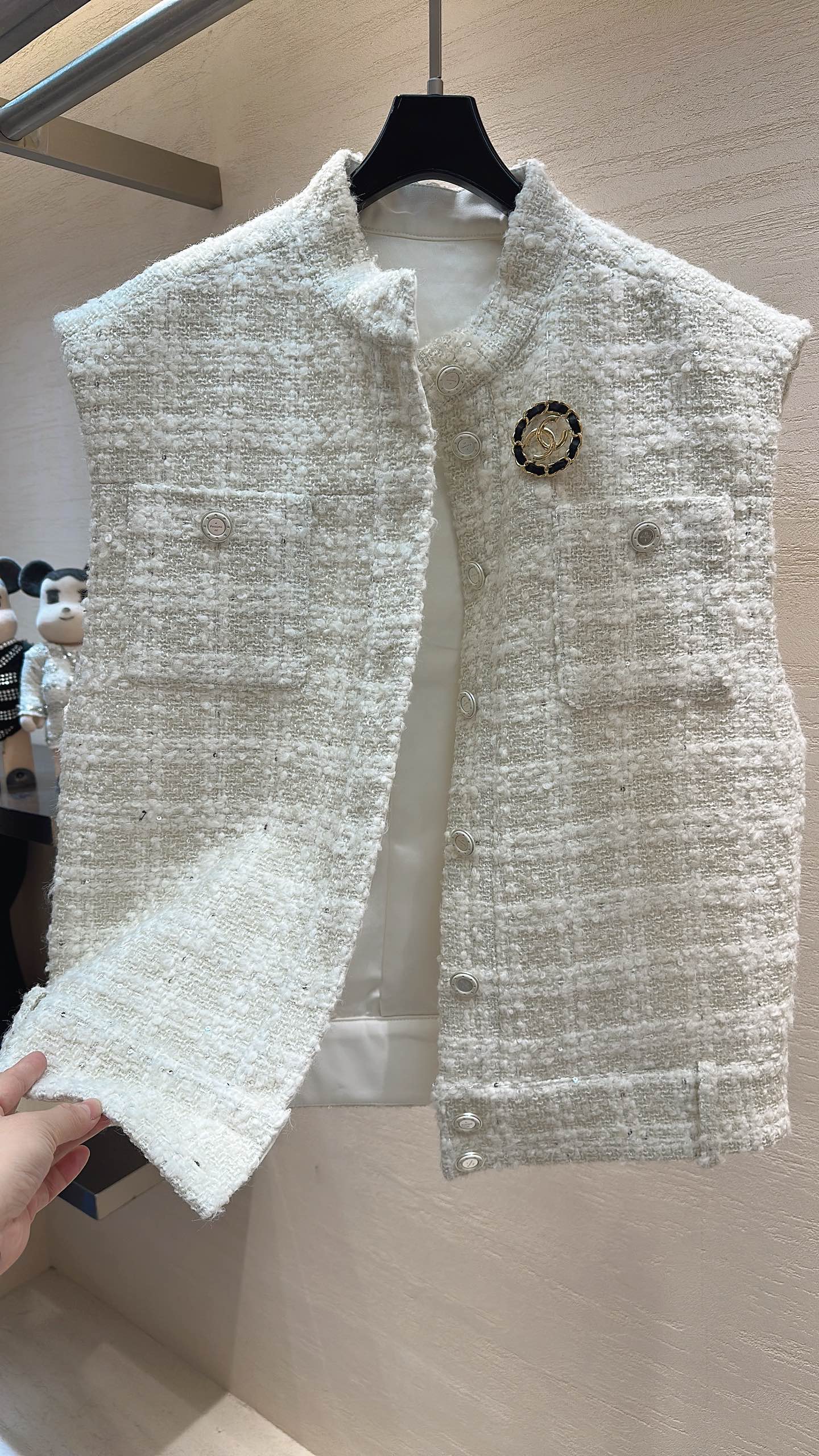 CC Stand-Collar Vest Jacket Cream White Tweed 415627