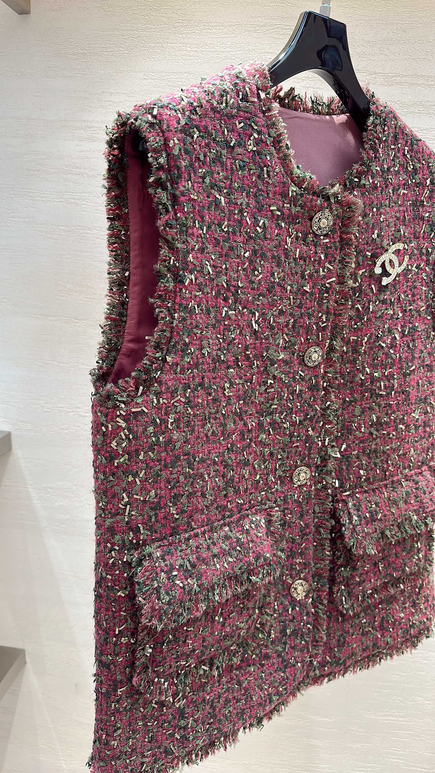 CC Vest Jacket Fringe Trim Berry Multicolor Tweed 415630