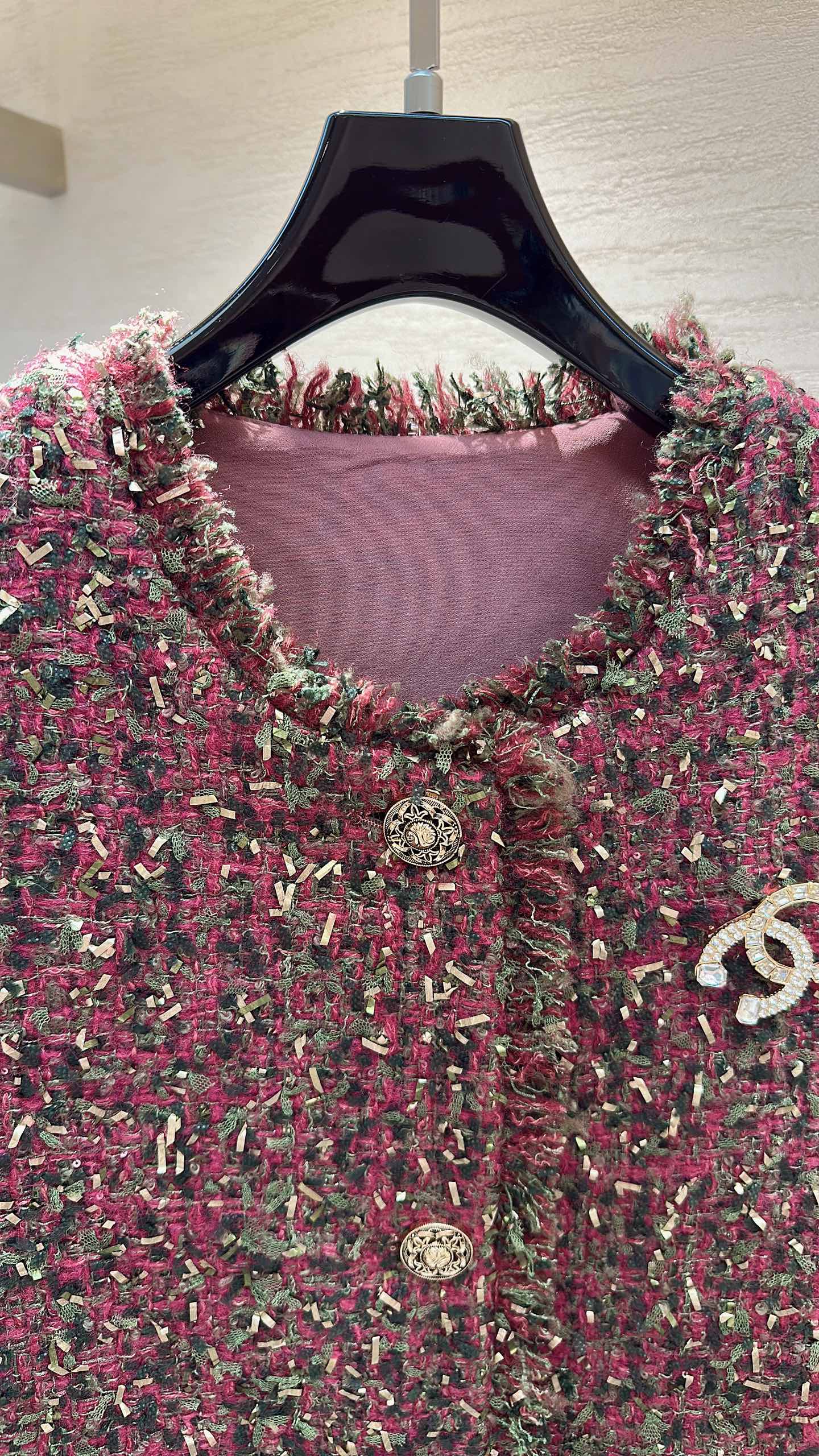CC Vest Jacket Fringe Trim Berry Multicolor Tweed 415630