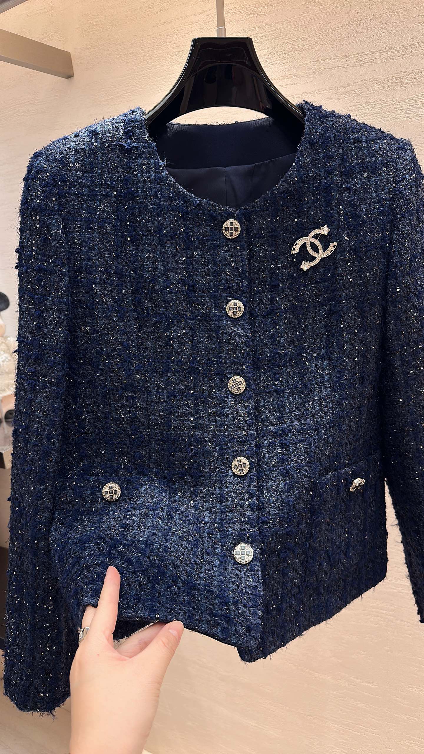 CC Cropped Jacket Rhinestone Buttons Navy Blue Tweed 415579