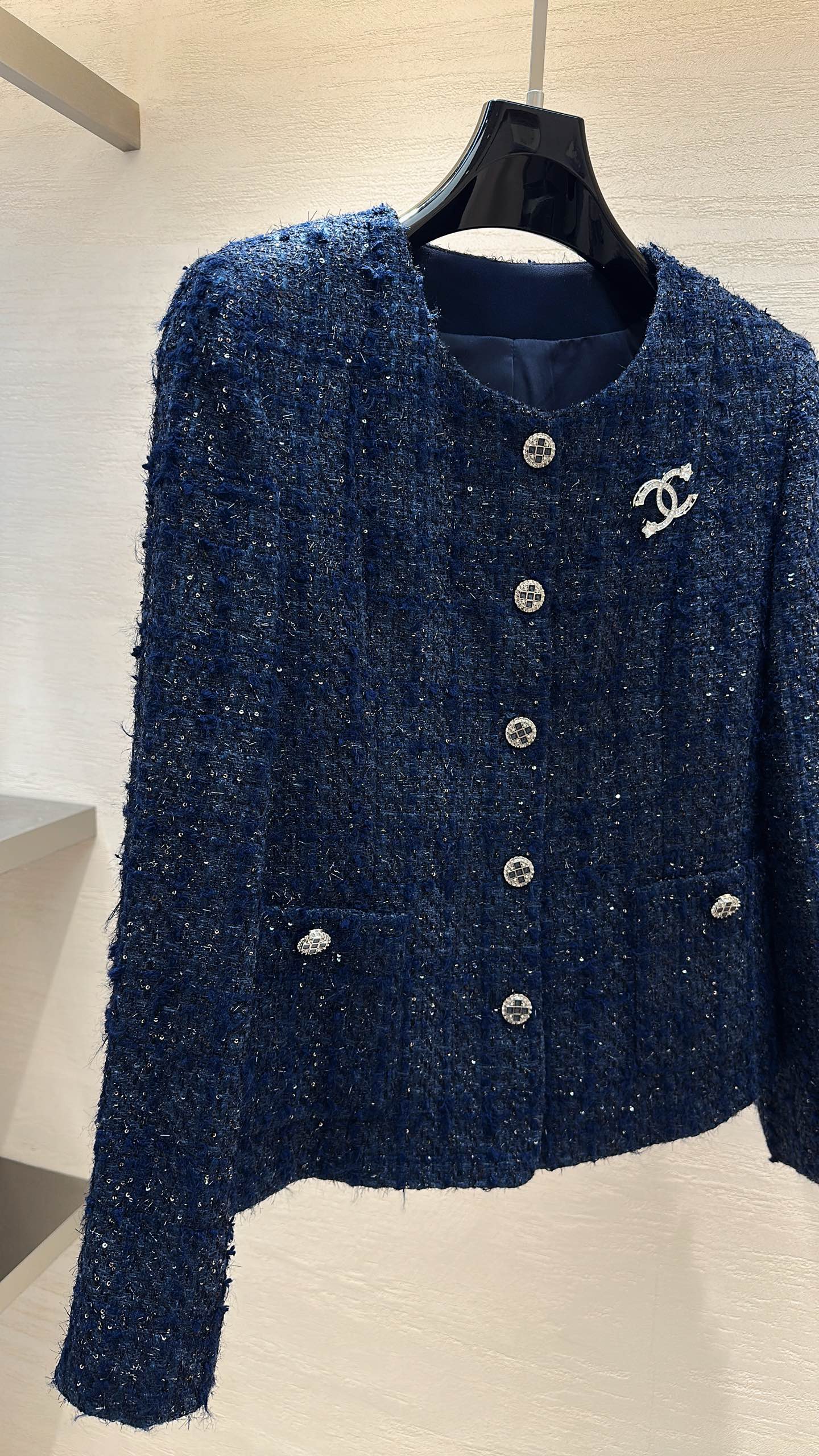 CC Cropped Jacket Rhinestone Buttons Navy Blue Tweed 415579