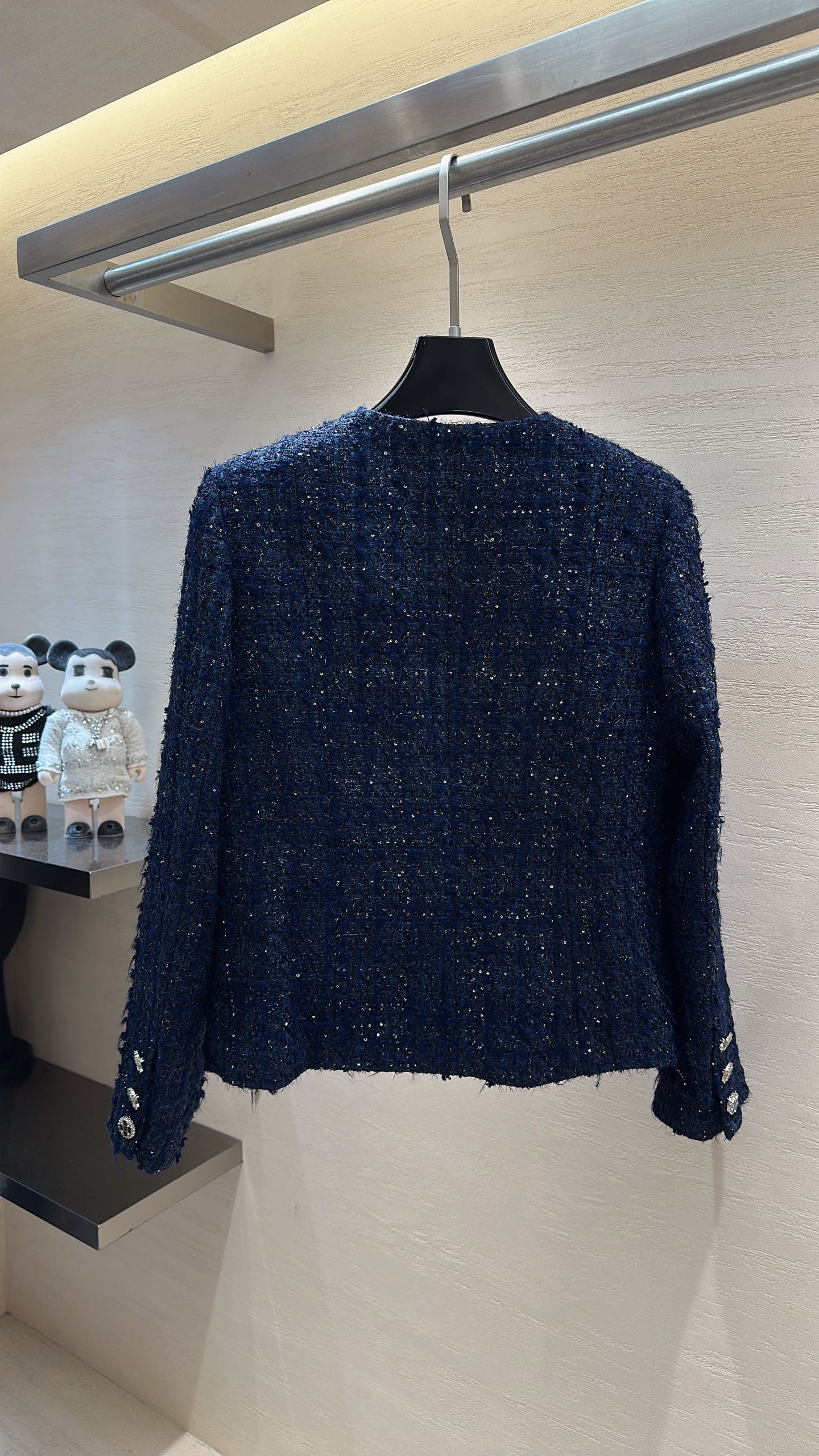 CC Cropped Jacket Rhinestone Buttons Navy Blue Tweed 415579
