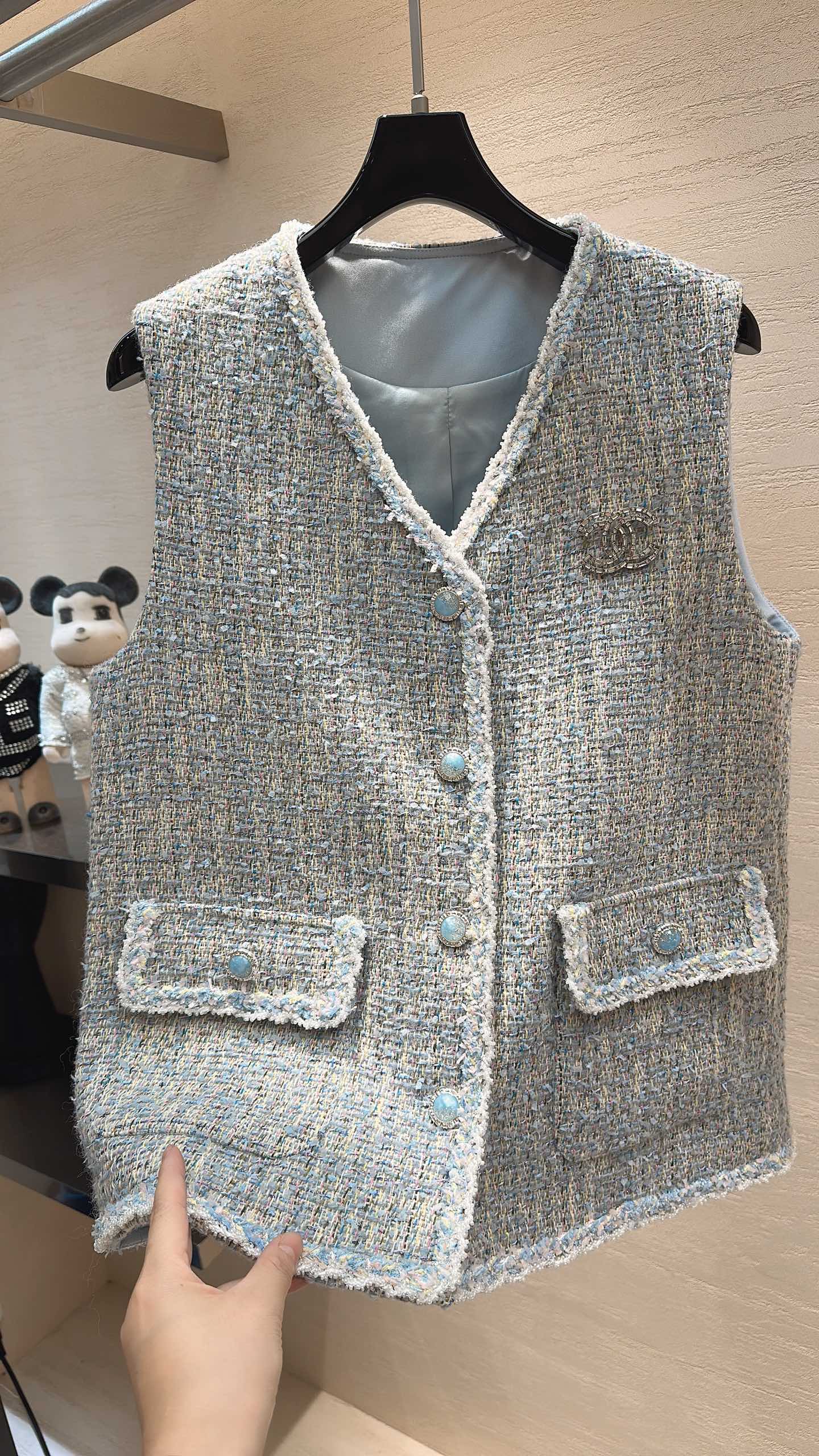 CC V-Neck Vest Jacket Morandi Blue Multicolor Tweed 415643