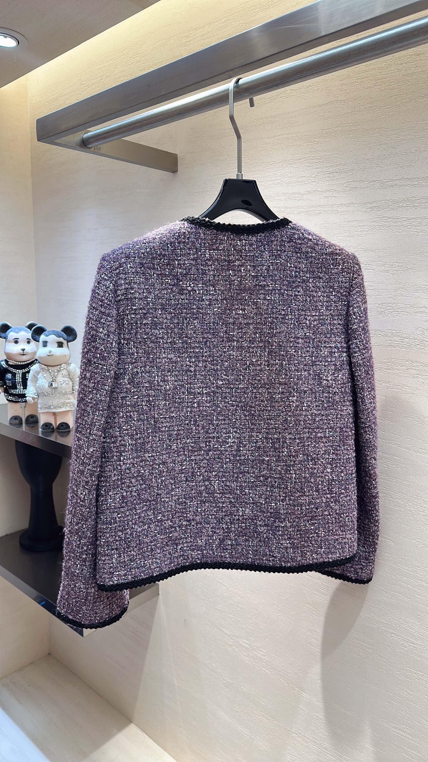 CC Round-Neck Jacket Black Trim Brooch Purple Tweed 415614