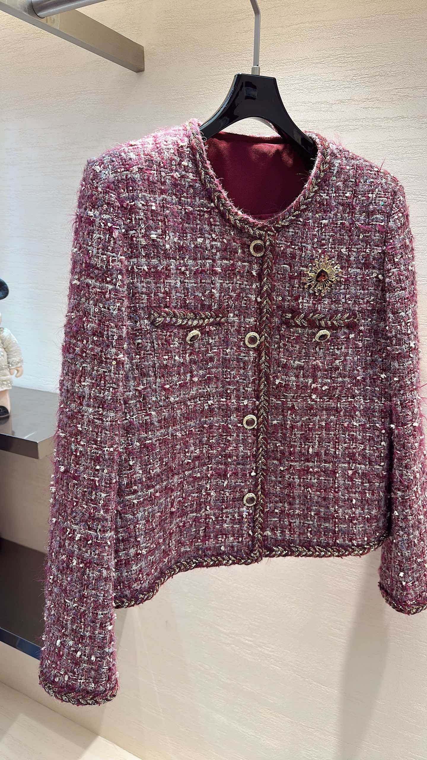CC Cropped Jacket Burgundy Multicolor Tweed 415617