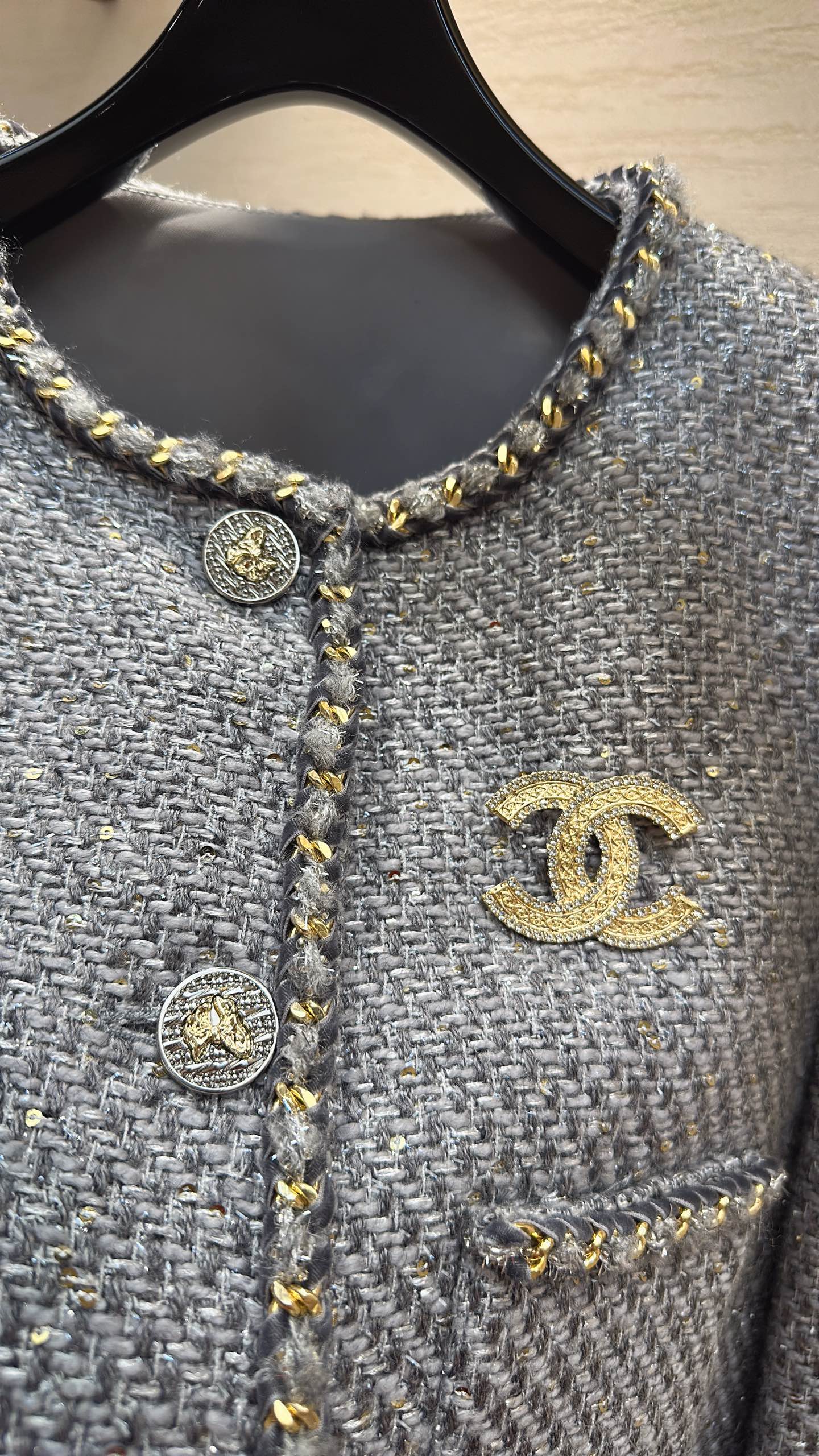 CC Jacket Gold Trim Gray Tweed 415620