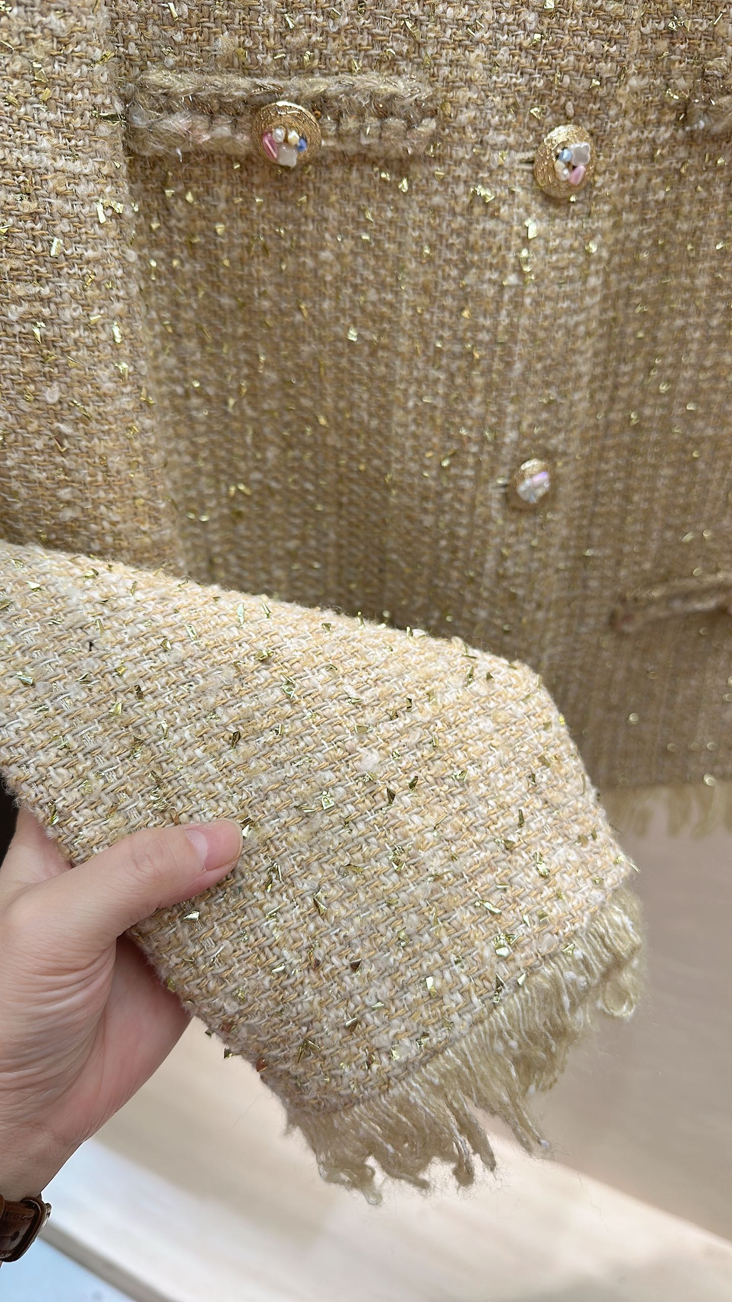 CC Sunflower Brooch Fringe Jacket Light Gold Tweed 415576