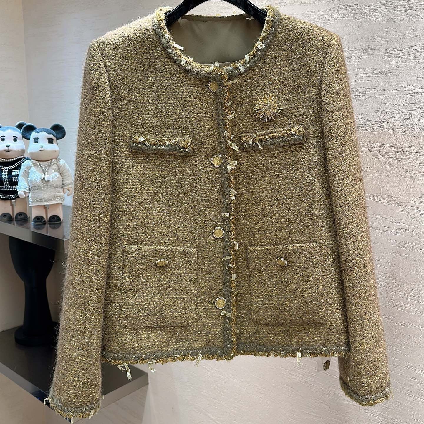CC Sunflower Brooch Jacket Olive Gold Multicolor Tweed 415574