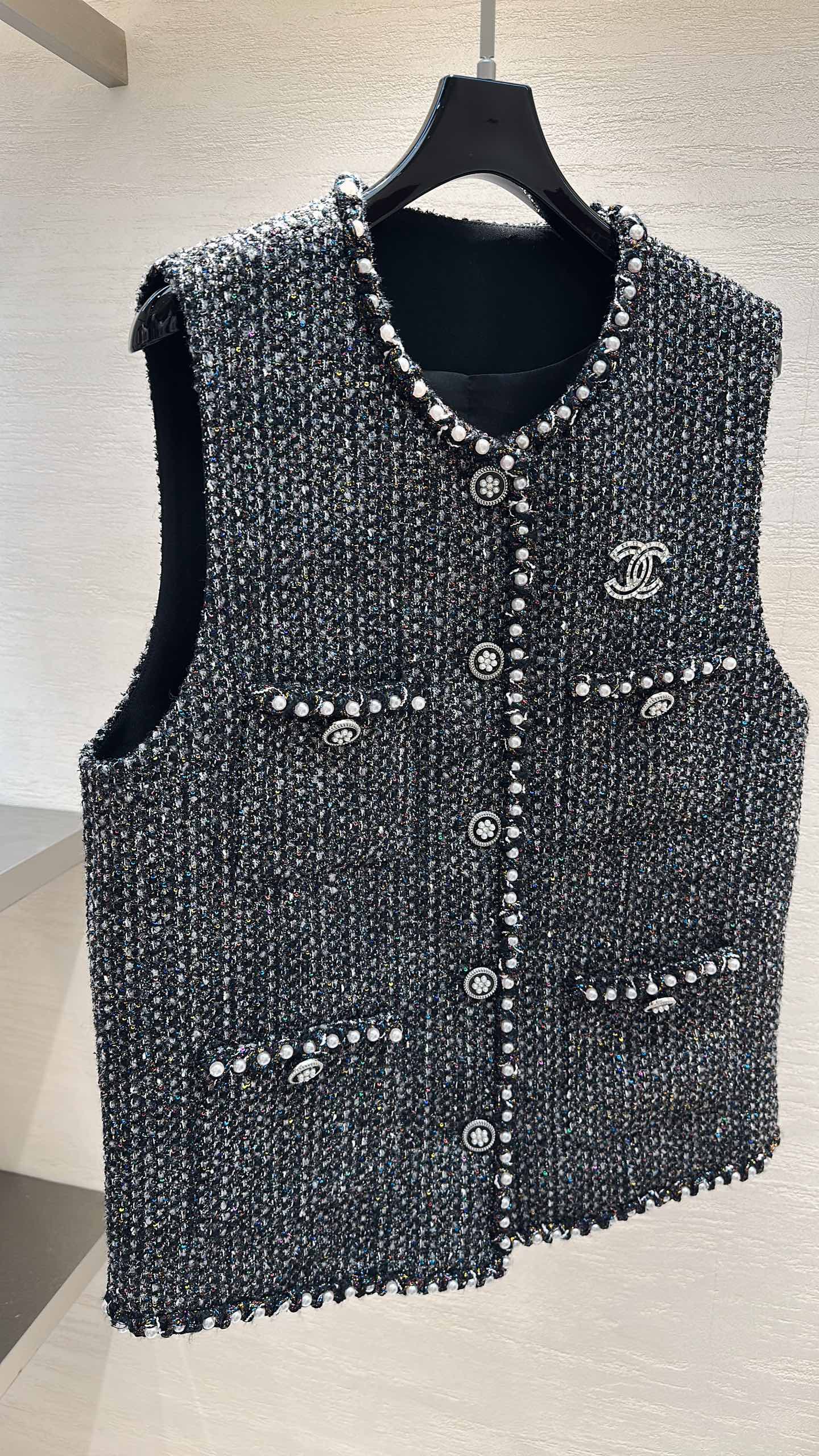 CC Vest Jacket Pearl Chain Trim Black Multicolor Tweed 415605