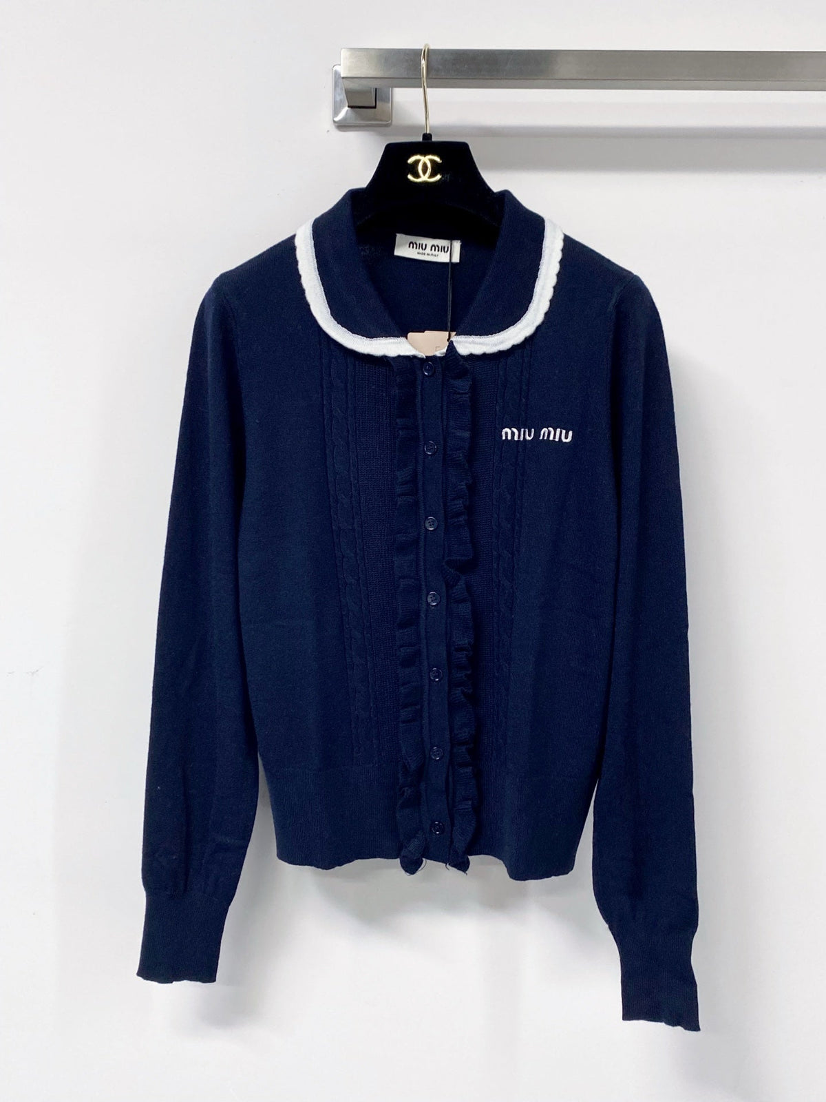 Miu Embroidered Logo Cardigan Ruffled Collar Tencel 799805