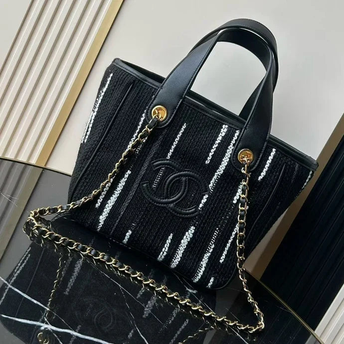 Chanel 2026 Double C Tote Bag 36cm Black White Canvas Leather