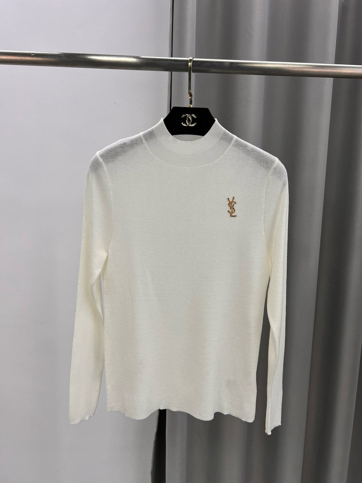 YSL Brooch Mock Neck Sweater Virgin Wool 438269
