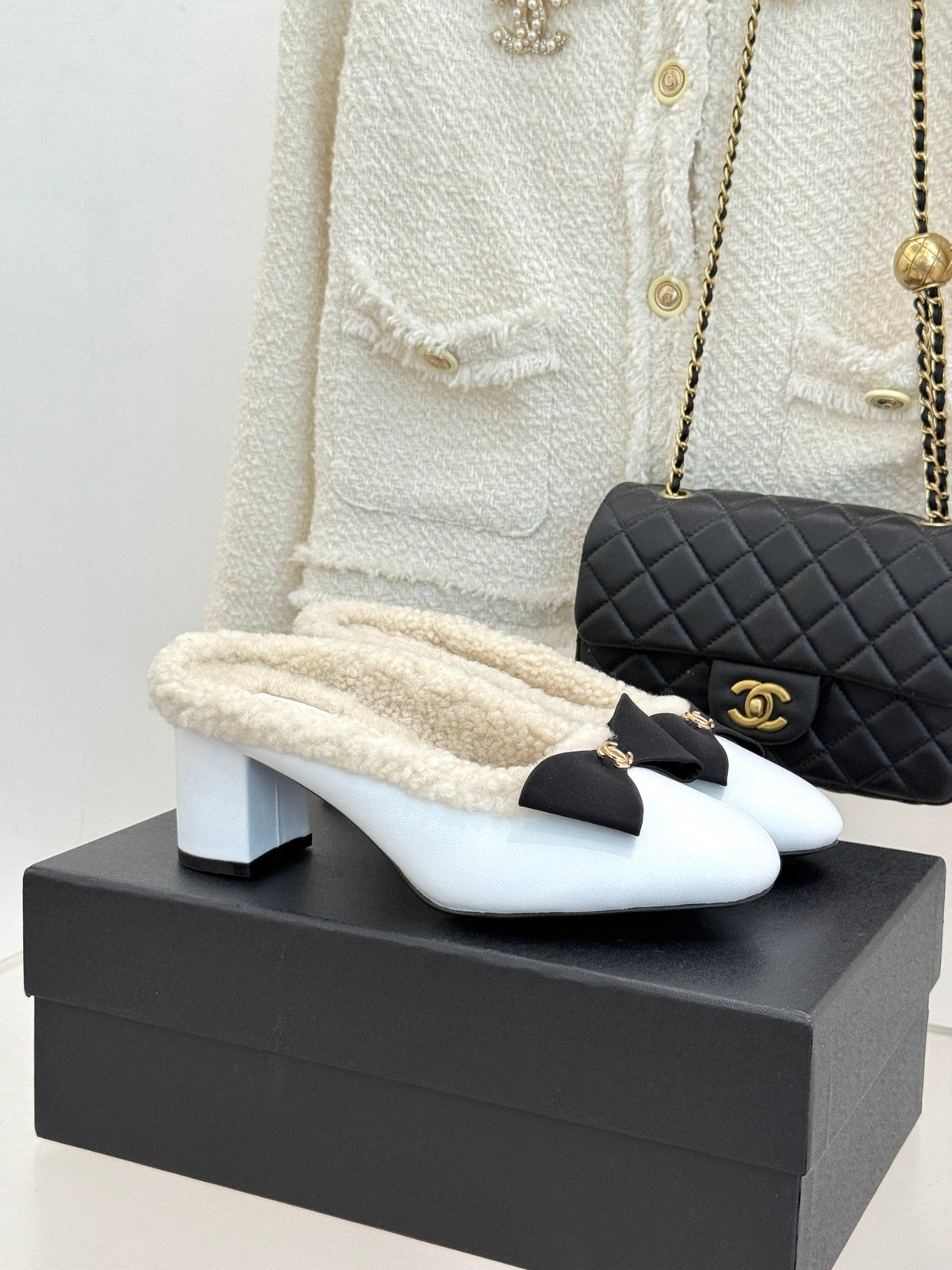 Chanel FW26Bow Mules Heeled Sandals Leather Suede Shearling 188192