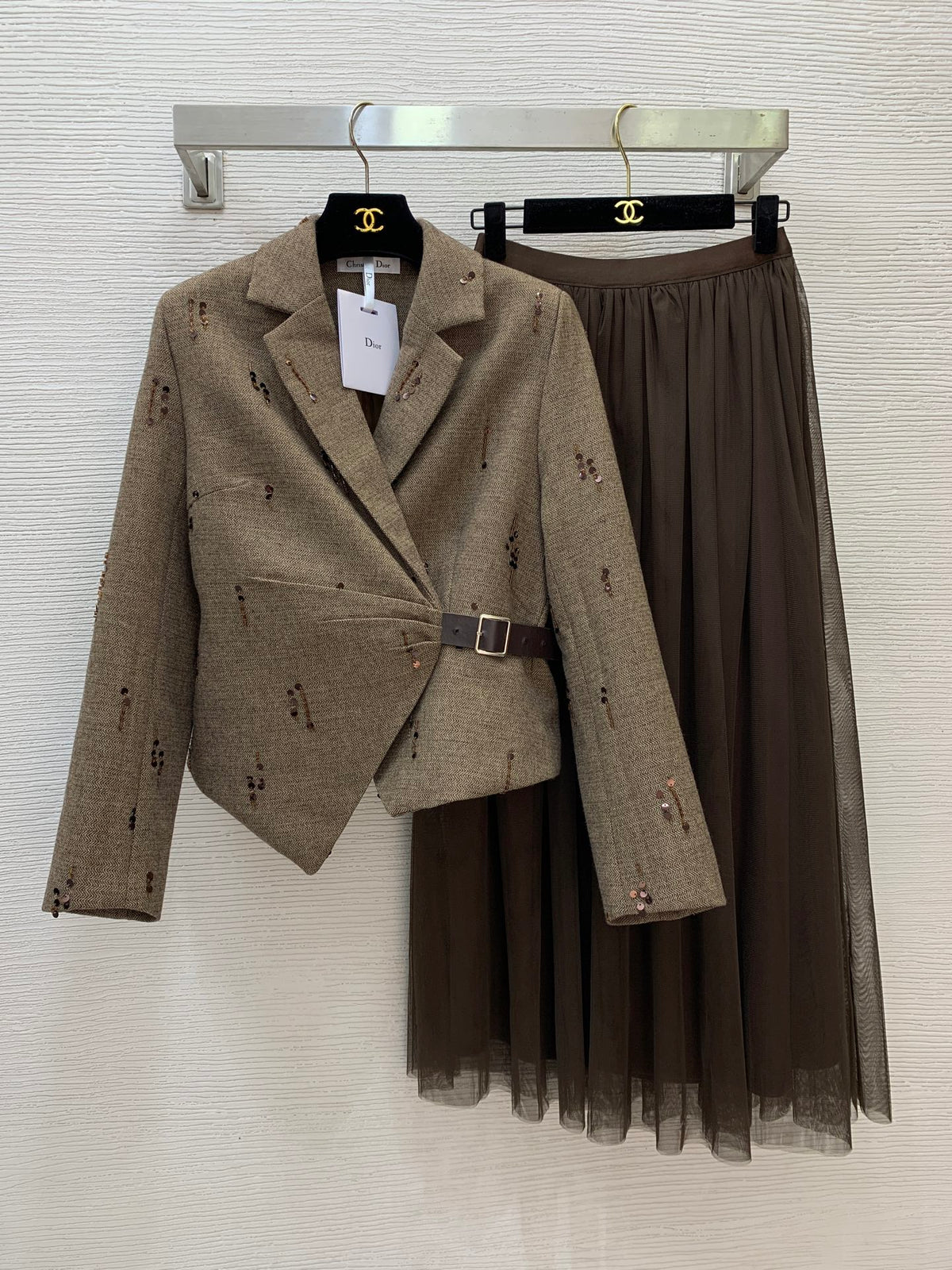 Dior 26s Blazer Skirt Set Asymmetrical Belt Mesh Tulle Brown Wool Polyester 445235