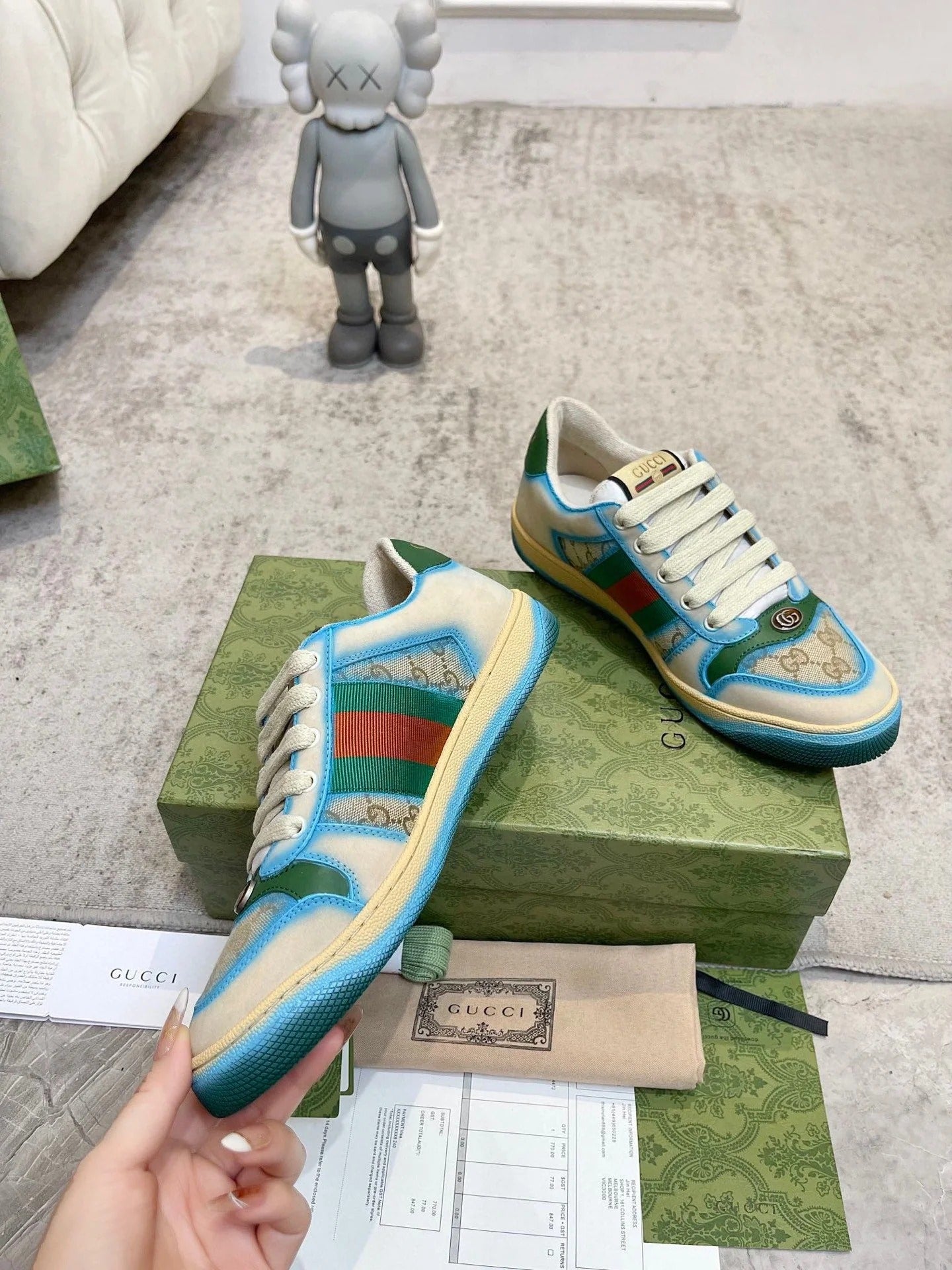 GG 26ss Screener Sneaker Beige Blue Green Cowhide 697181