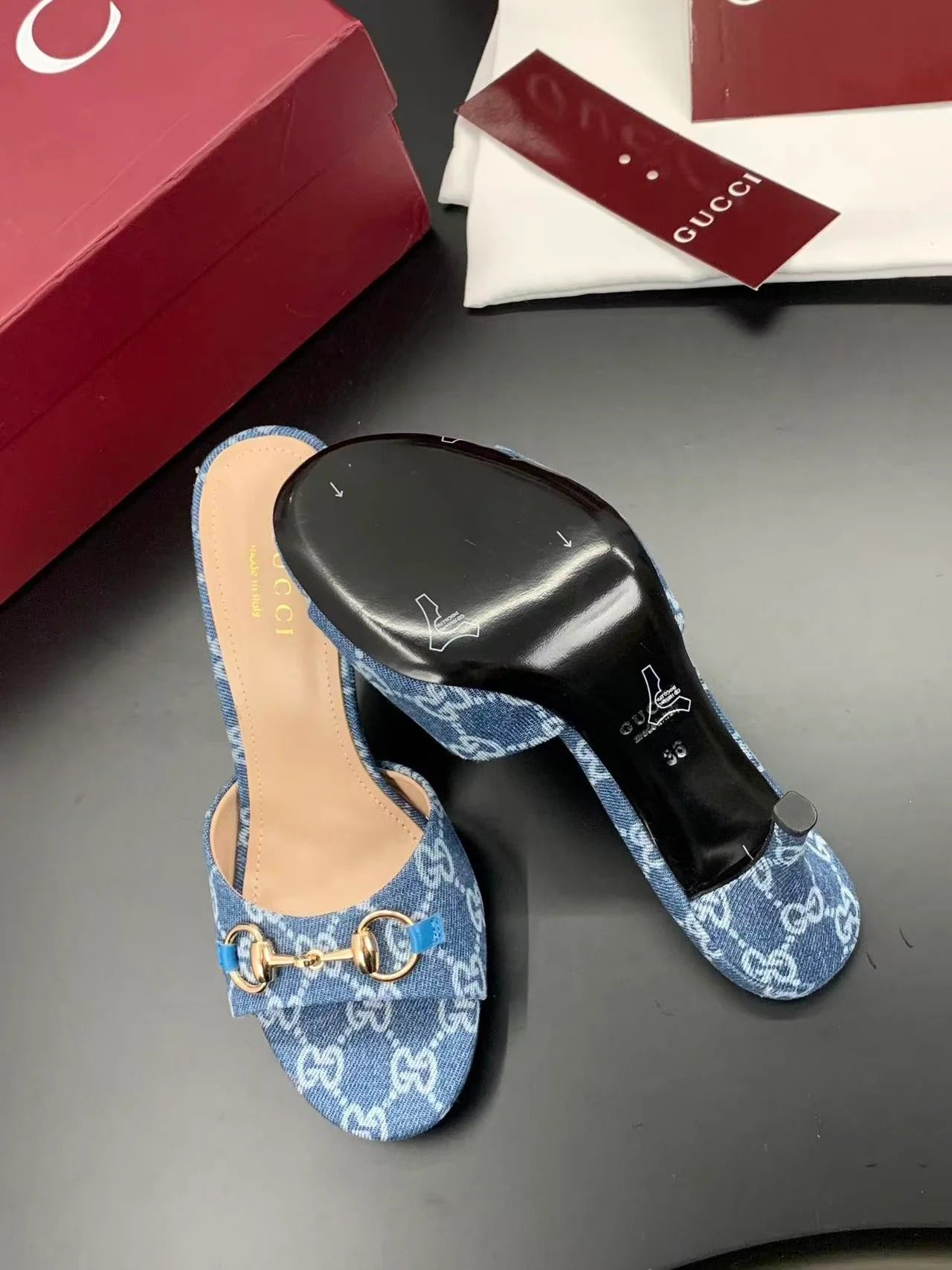 Gucci 2026 Erin Horsebit GG Sandal Blue Gold Denim Leather
