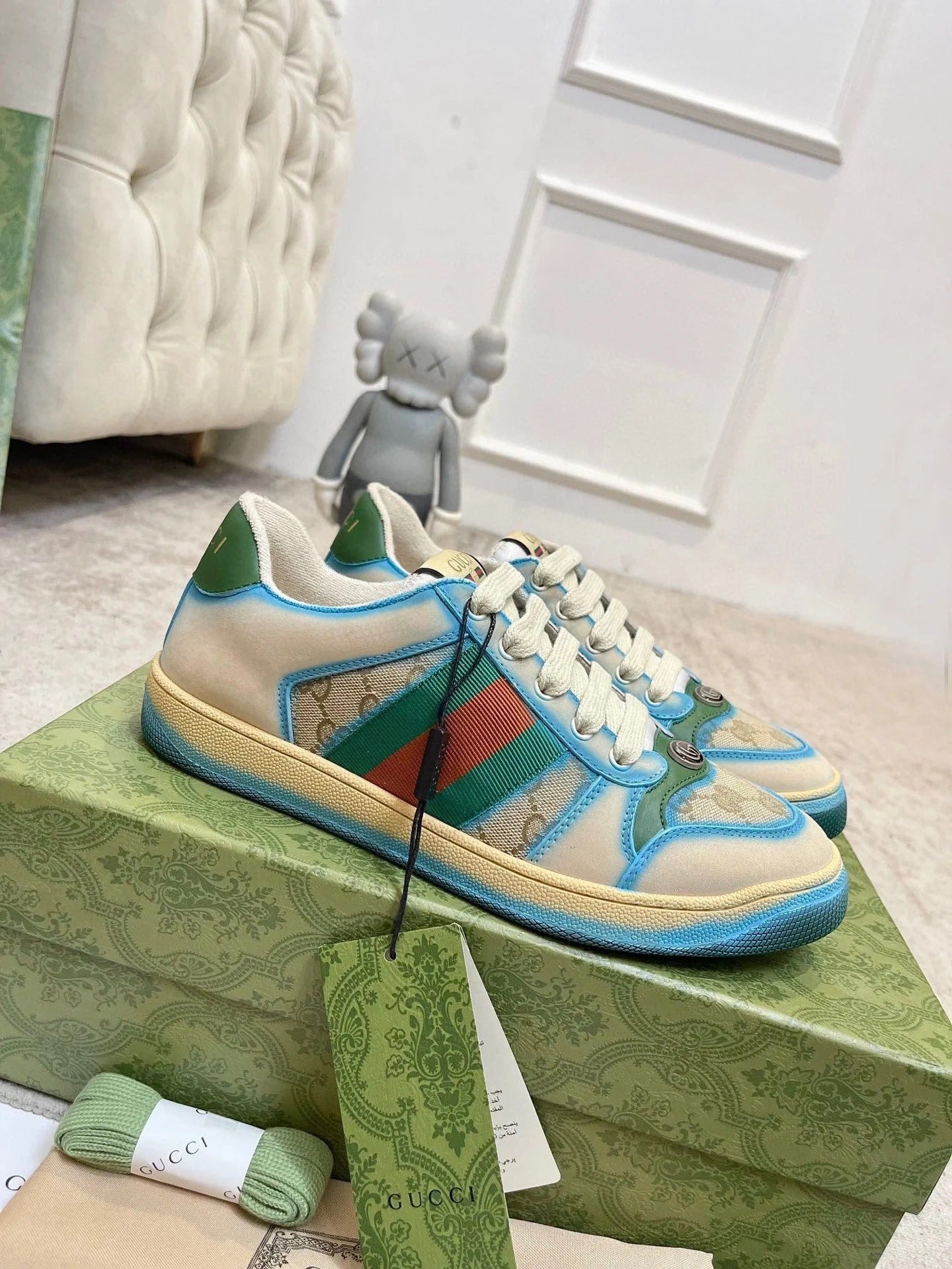 GG 26ss Screener Sneaker Beige Blue Green Cowhide 697181