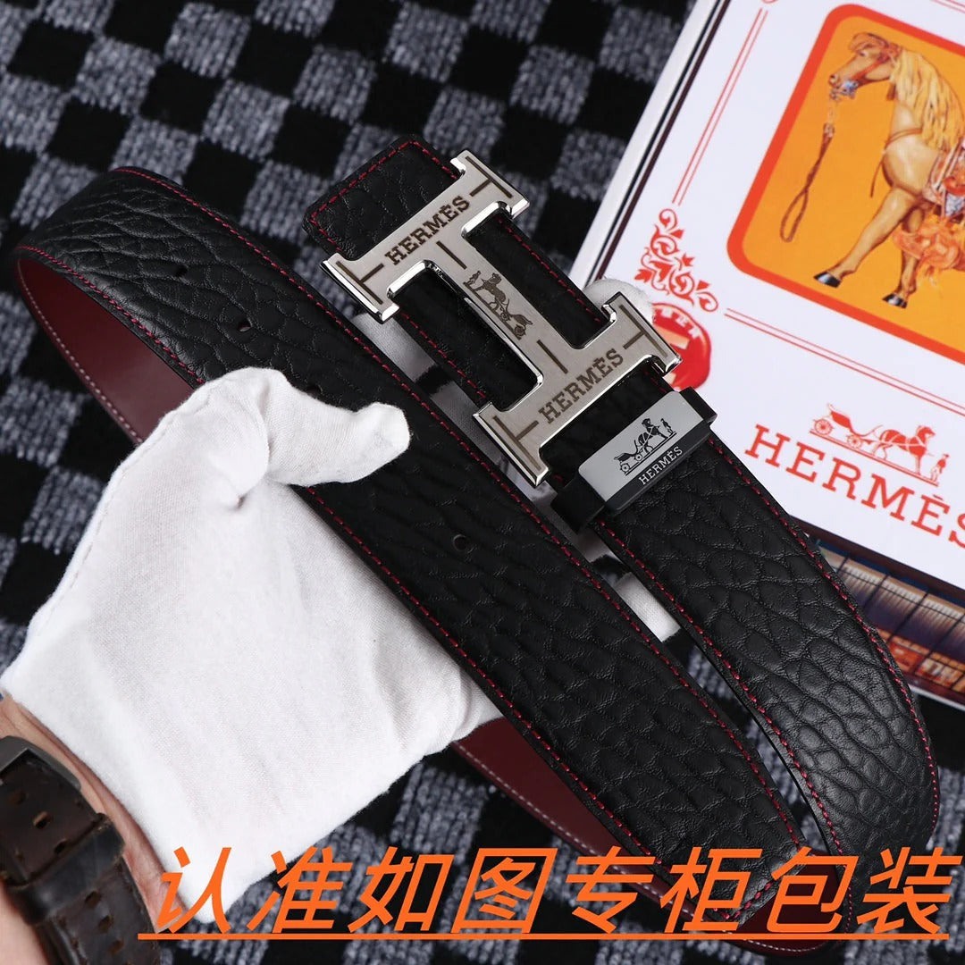 HM Belt 38mm Black Cowhide Leather Sliver Buckle 619054