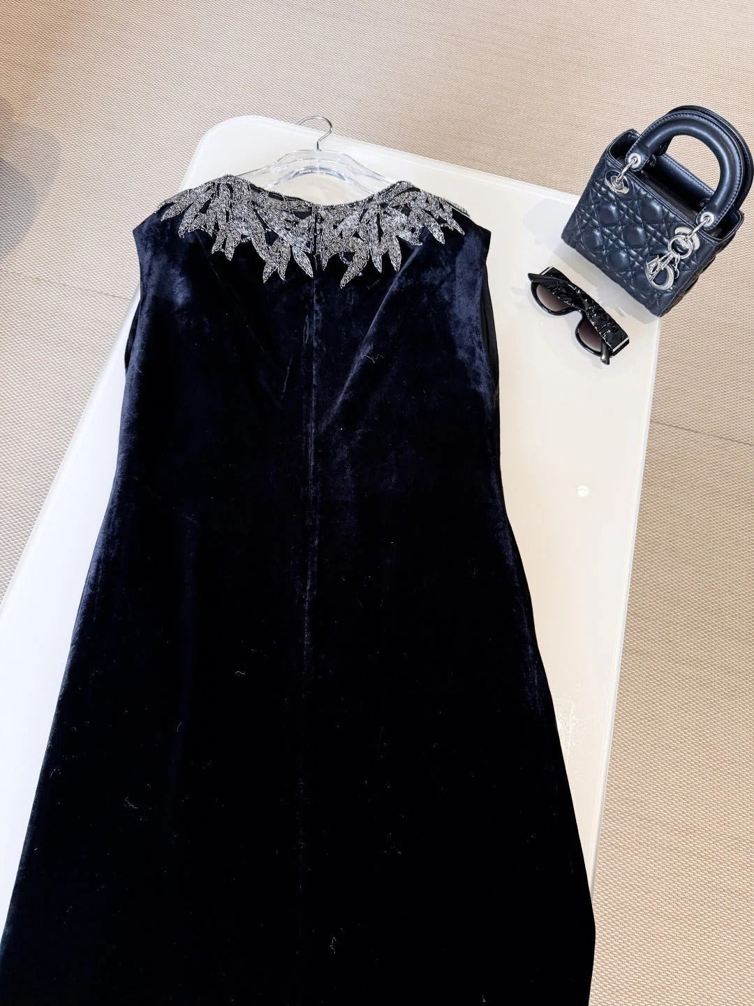 DIOR 25S EMBELLISHED-NECK BLACK VELVET DRESS 722