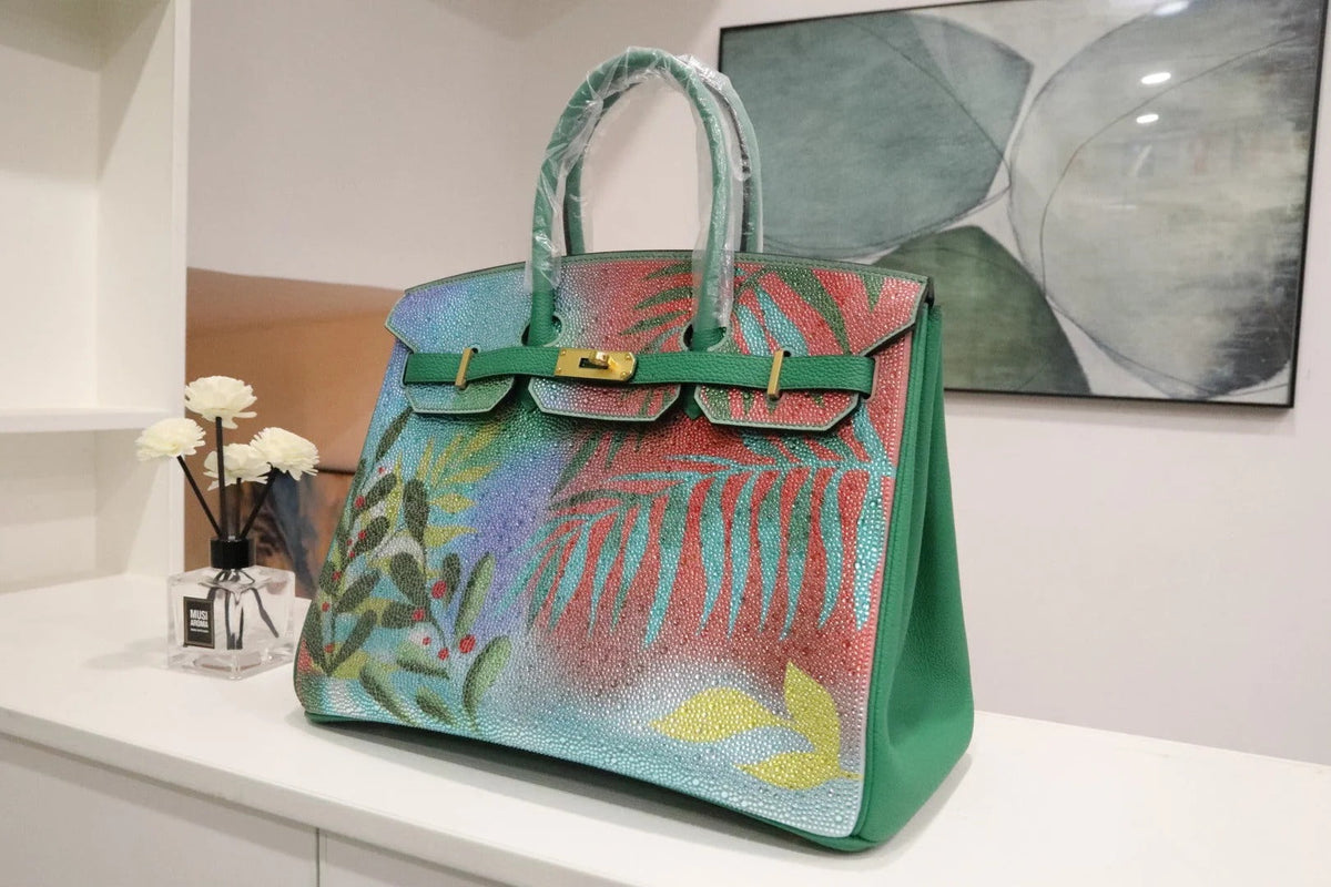 High-end Hermes 2026 "Paradise" Swarovski Crystal Birkin 35cm Bag Vert Vertigo Togo Leather