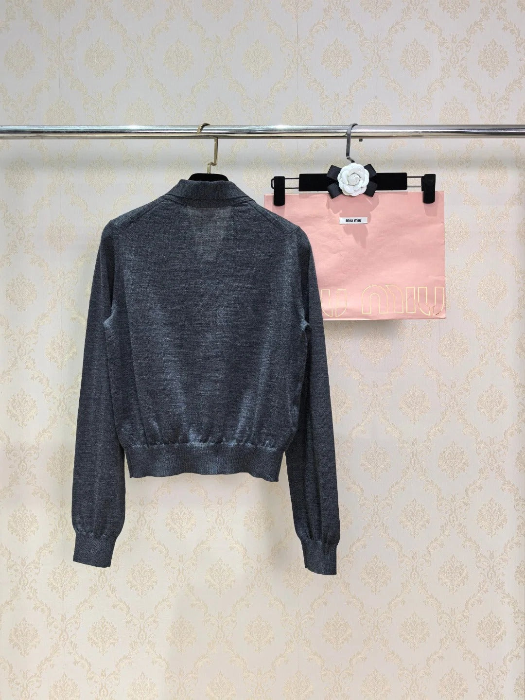 Miumiu 2026 Cardigan With Bow Tie Dark Grey Wool 837254