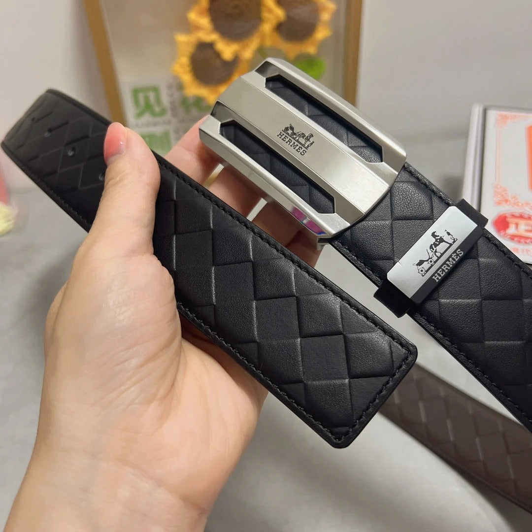 HM Belt 38mm Black Calfskin Leather Sliver Buckle 619595