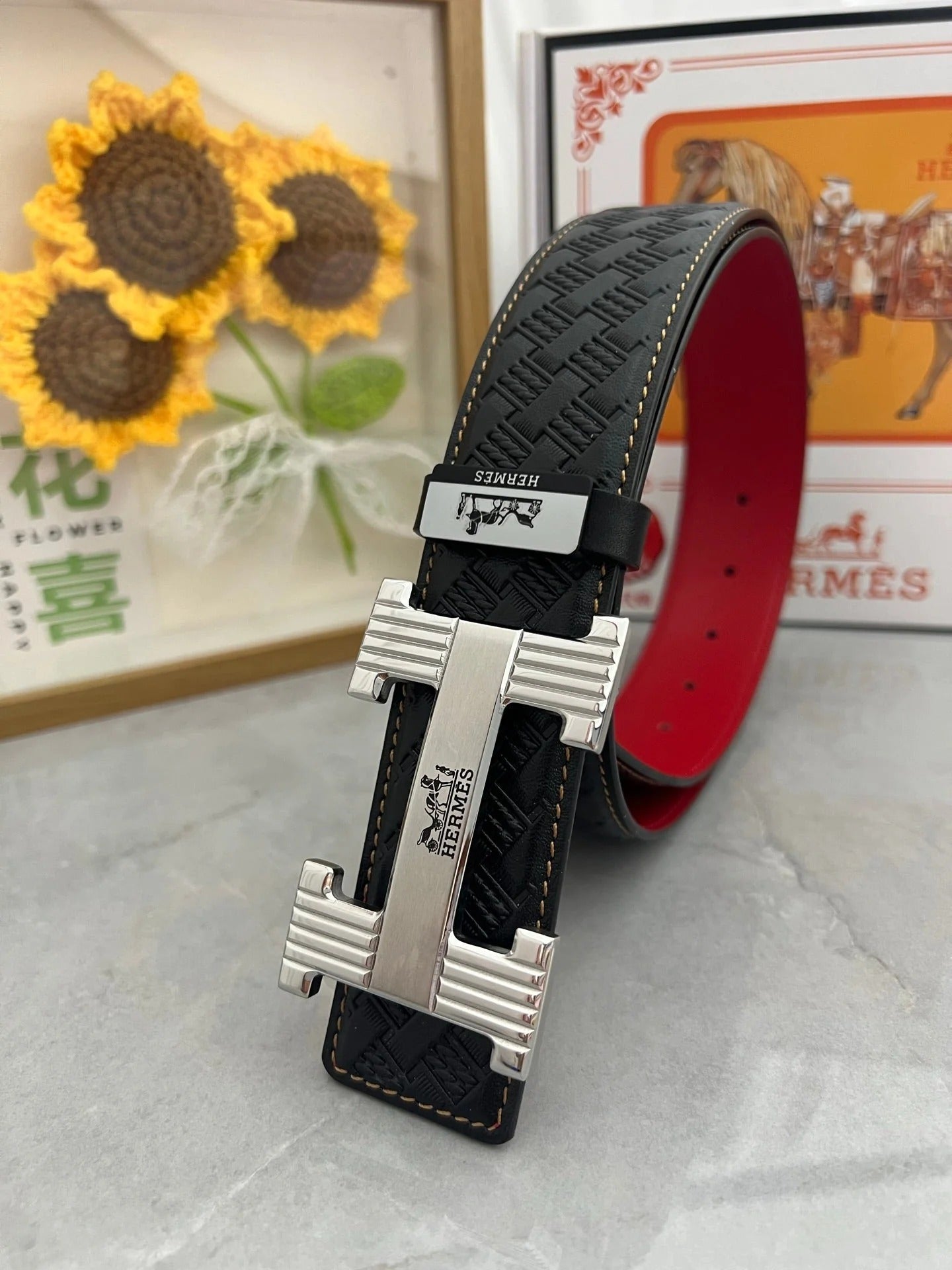 HM Belt 38mm Black Red Cowhide Leather Sliver Buckle 618970