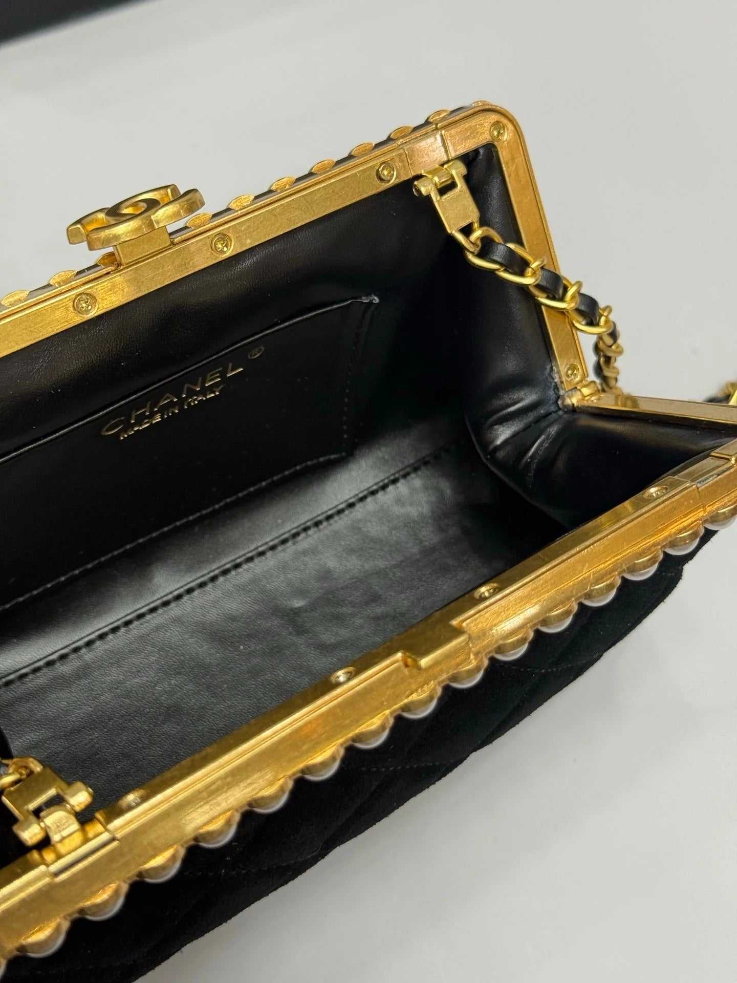 Chanel 2026 Pearl Clutch Black Gold Velvet Leather