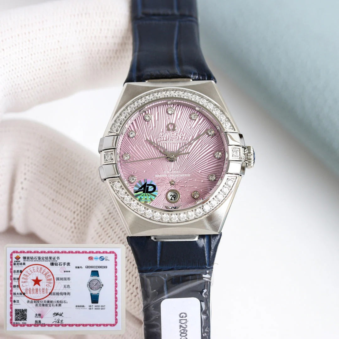Omega Constellation 29mm Diamond Bezel Diamond Numerals Crocodile Leather