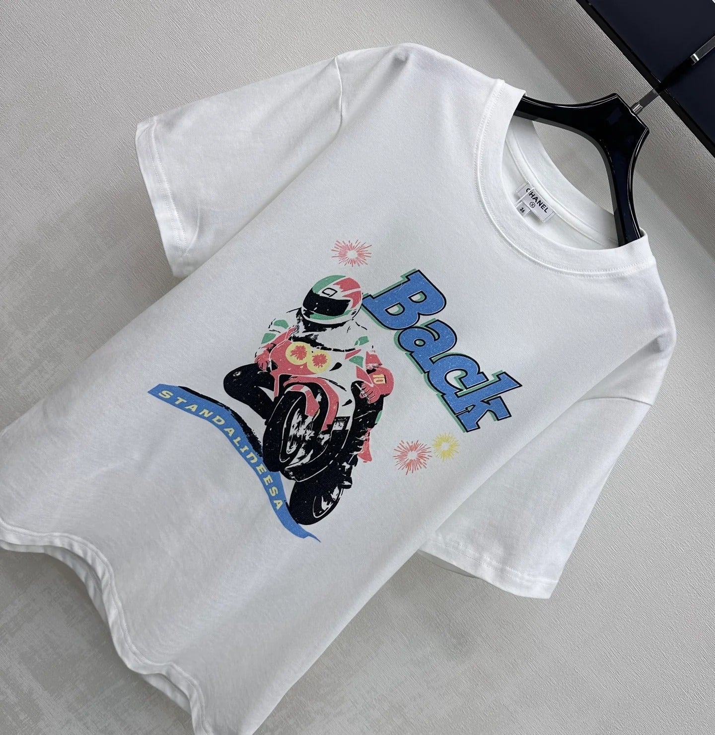 Chanel 2026 Crew Neck Motorcycle Print T-Shirt Cotton 210433