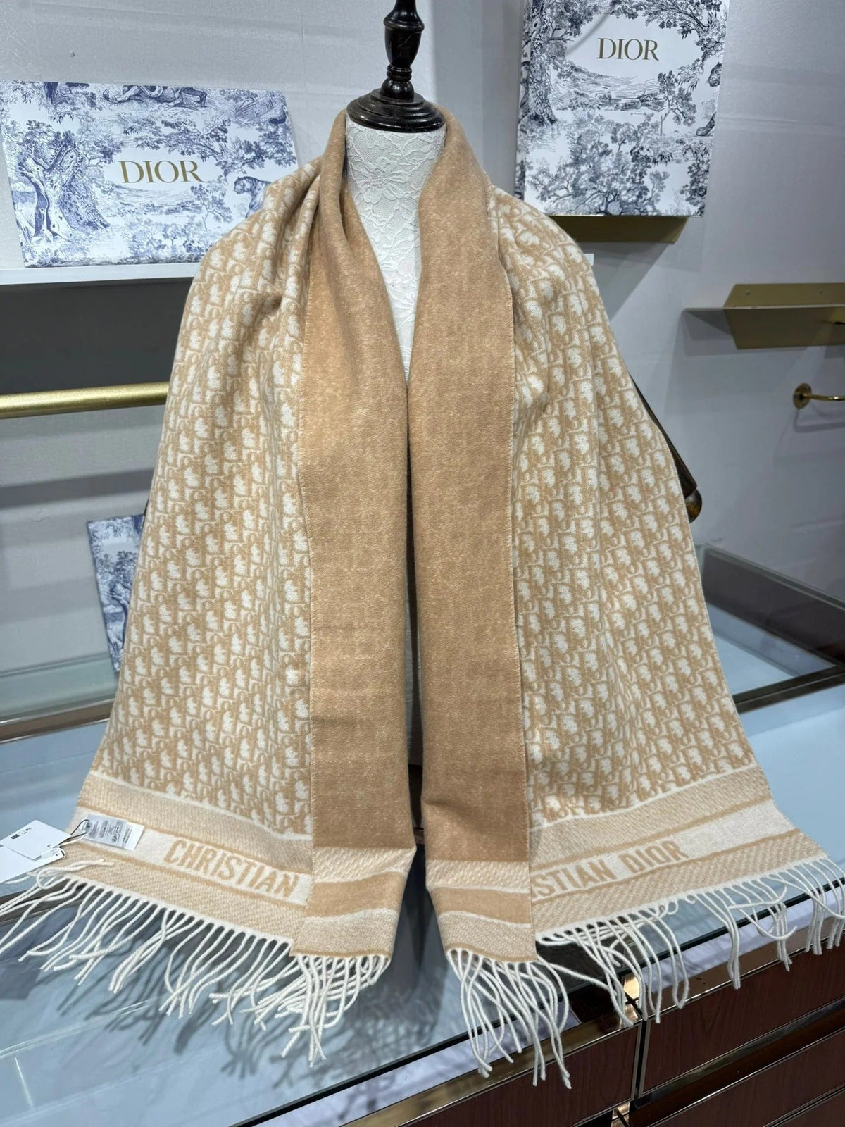 Dior 2026 Oblique Scarf 200cm Beige Cashmere 189582
