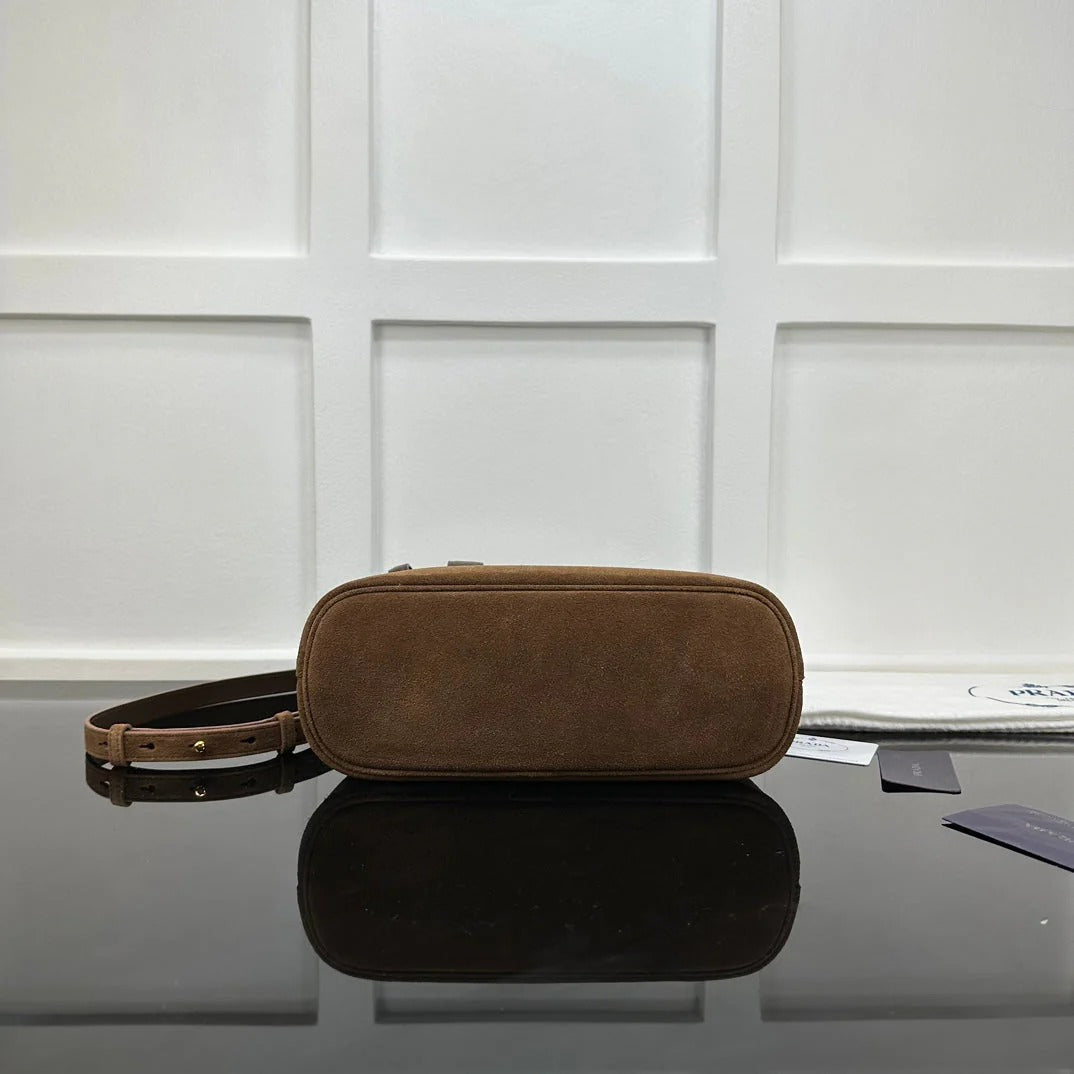 Prada 2026 Buckle Handbag 28cm Brown Suede Leather
