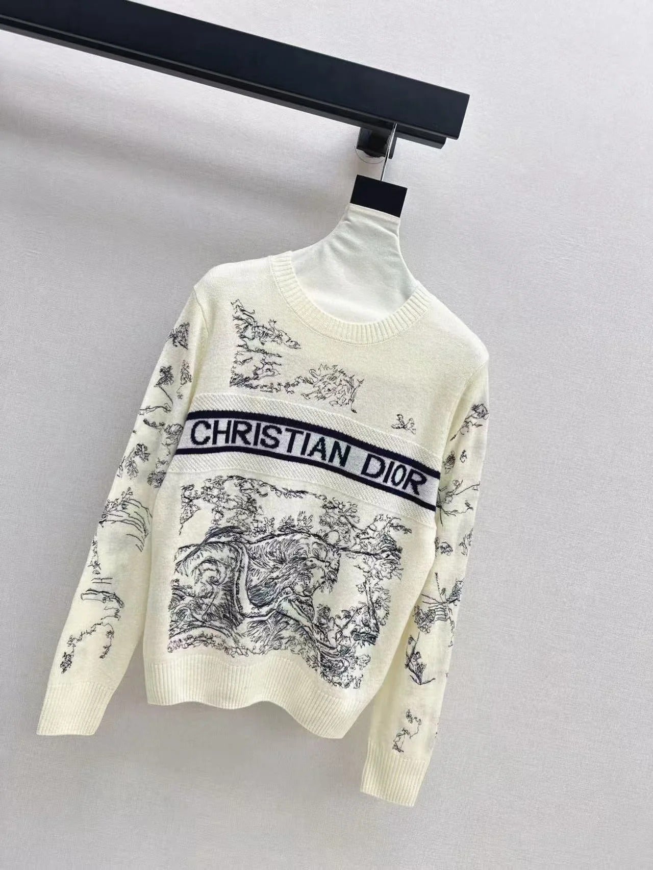 Dior 2026 Toile de Jouy Logo Knit Sweater Cream Blue Wool