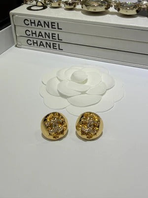 Chanel 2026 Gold Full Diamond Double C Gold Ball Stud Earrings