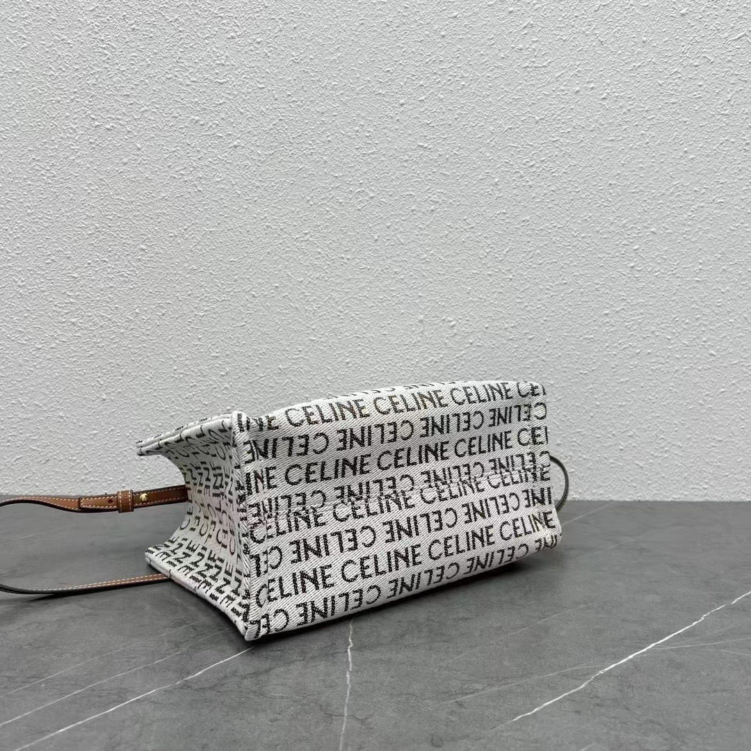 Celine 2026 Triomphe Printed Bag 26cm White Brown Black Canvas Calfskin 283599