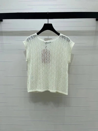 Miumiu 2026 Sequined Openwork Knit Short-Sleeve Top Wool 375034