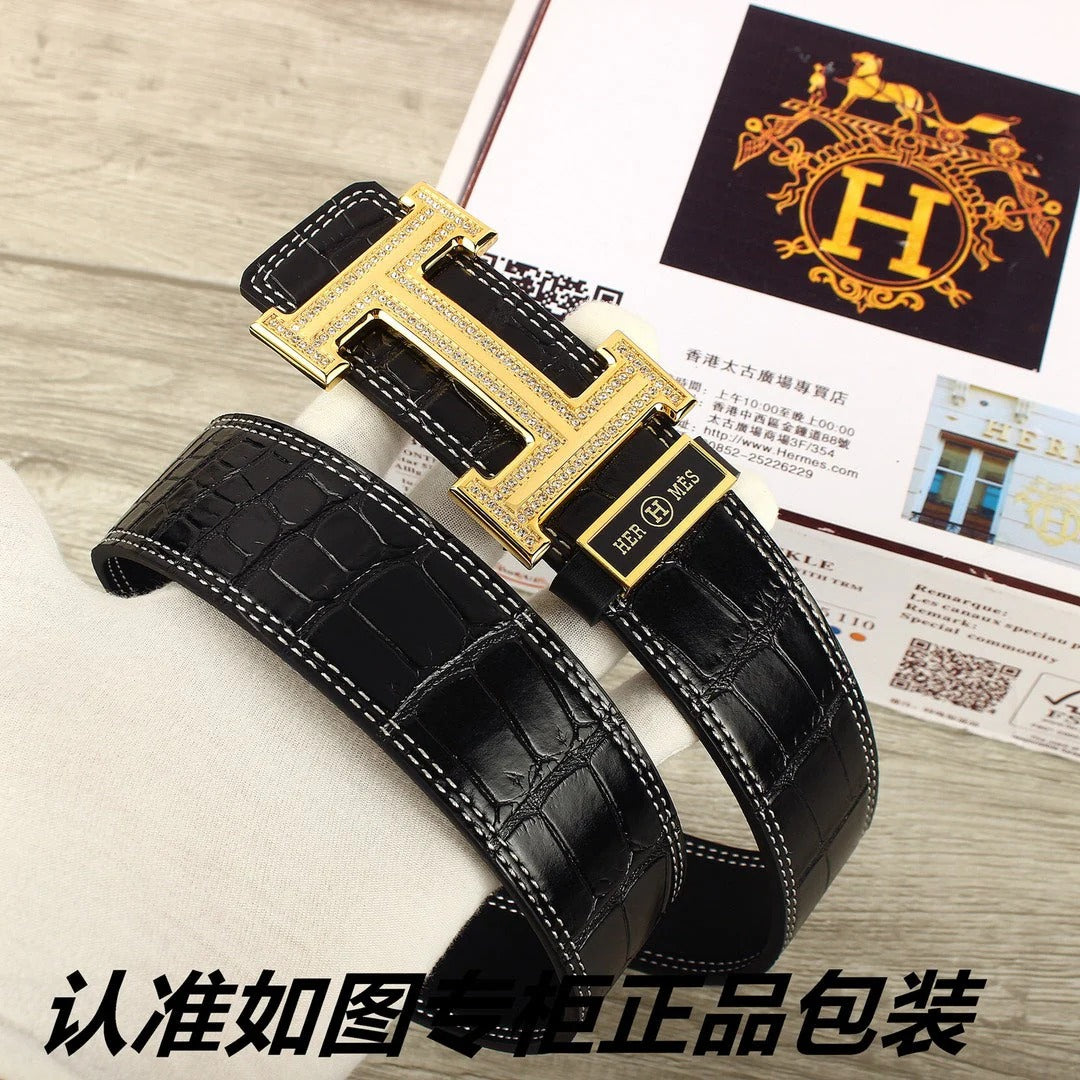 HM Original Belt 38mm Black Crocodile Pattern Gold Buckle 620264