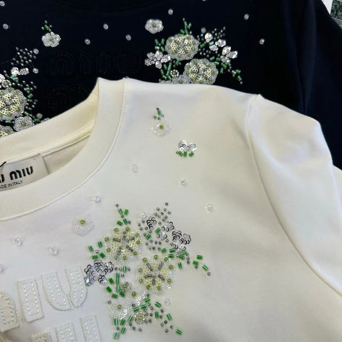 Miumiu 2026 Floral Embroidered Short-Sleeve T-Shirt Cotton 374766