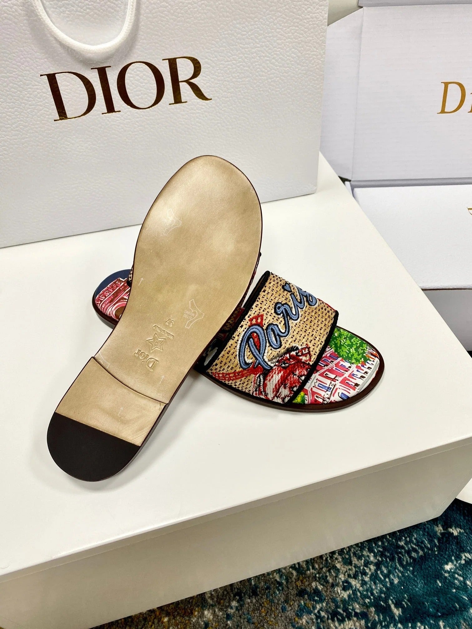 CD 26s Embroidered Sandals Beige Multicolor Canvas Leather 683009
