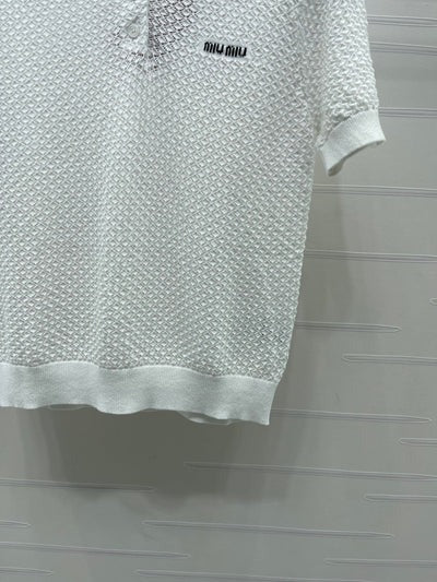 Miumiu 2026 Hollow-out Knitted Collared Short-sleeved T-shirt Wool Cashmere 374995