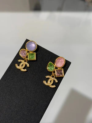 Chanel 2026 Gemstone Gold Full Diamond Double C Glass Pearl AB Style Earrings