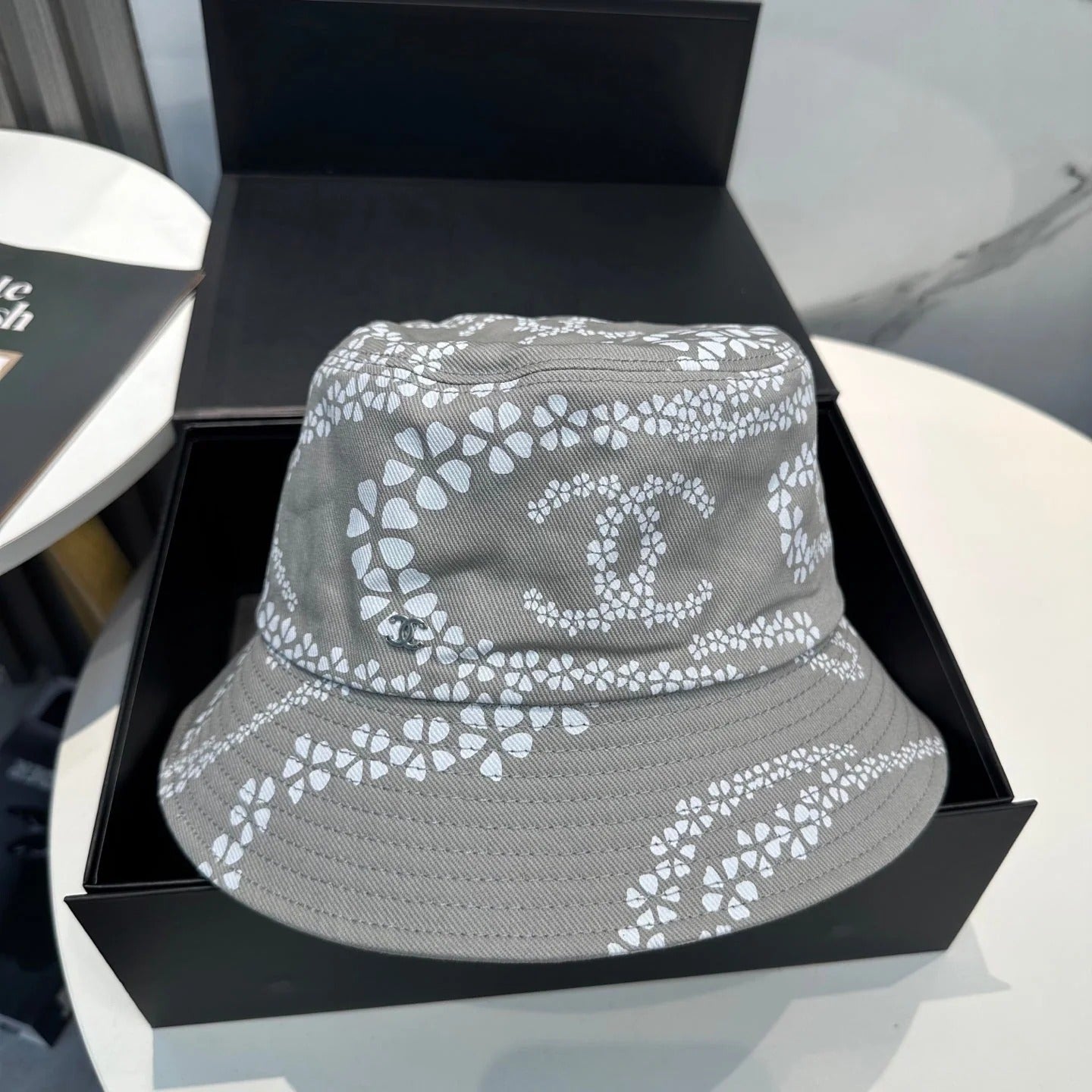 Chanel Bucket Hat With CC Logo And Floral Pattern Cotton 237371