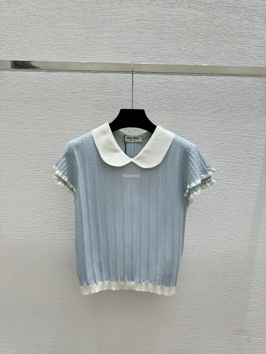Miumiu 2026 Peter Pan Collar Openwork Knit Short-sleeved Top 220548