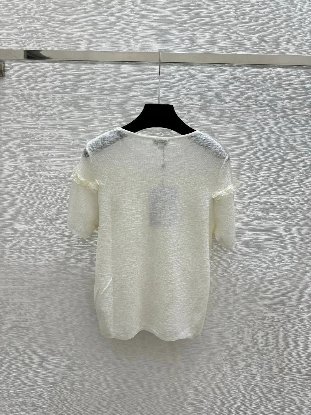 Chanel 2026 Lace Trim Round Neck Knitted Short Sleeve Tencel Wool 294906