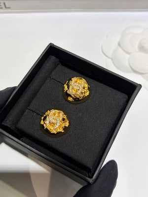 Chanel 2026 Gold Full Diamond Double C Gold Ball Stud Earrings